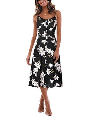 Blooming Jelly Black Floral Spaghetti Strap Midi Dress With Pockets Size M